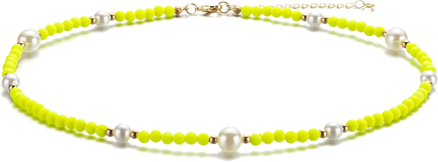 Y2K Cool Neon Glow Choker Necklace for Teen Girls Women Trendy, Fluorescence Beads and Faux Pearl Beaded Necklaces for Party