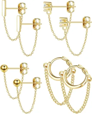 YADOCA 4 Pairs Chain Earrings for Women CZ Ball Bar Huggie Hoop Piercing Dangle Chain Stud Earring Set Gold Silver Rose Gold