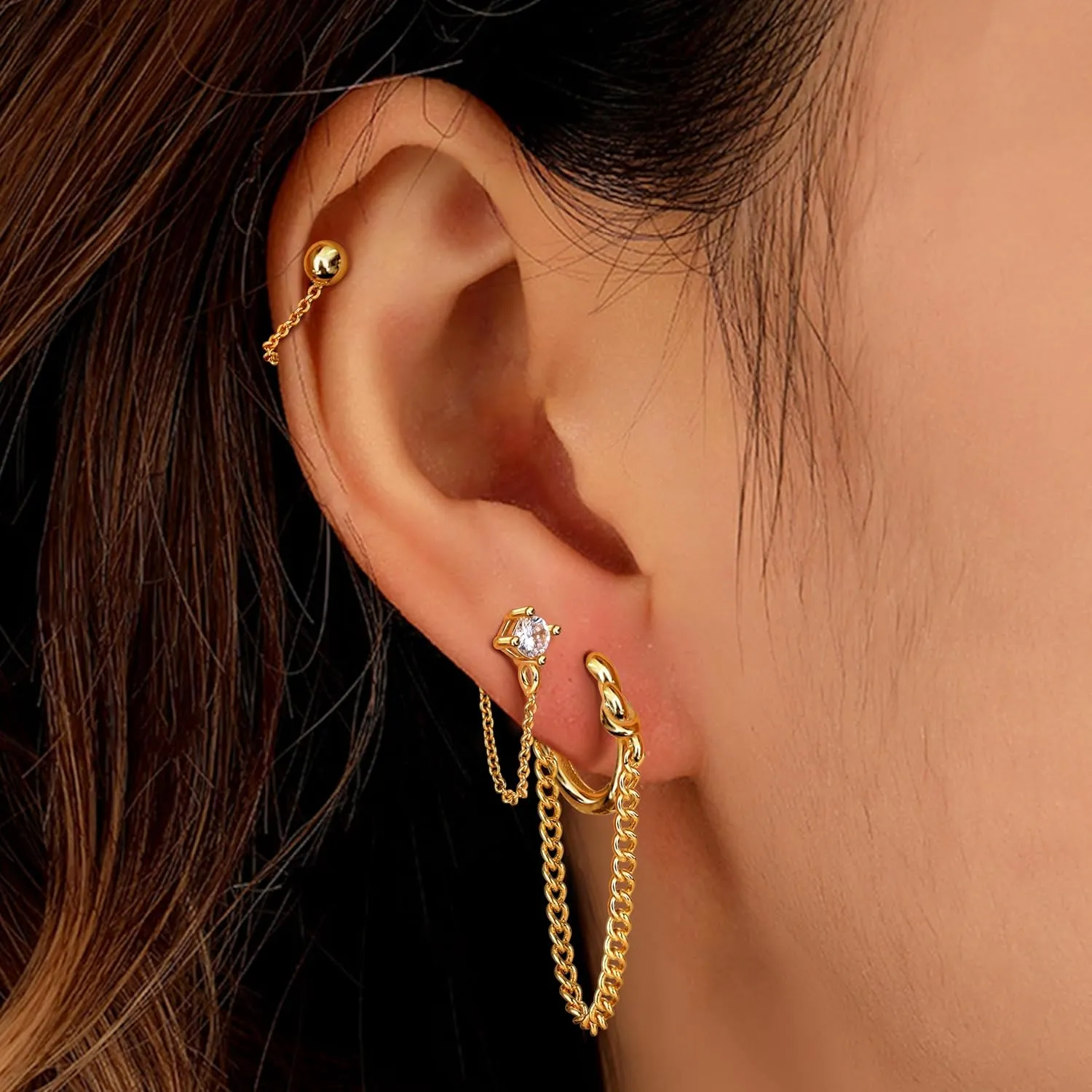YADOCA 4 Pairs Chain Earrings for Women CZ Ball Bar Huggie Hoop Piercing Dangle Chain Stud Earring Set Gold Silver Rose Gold