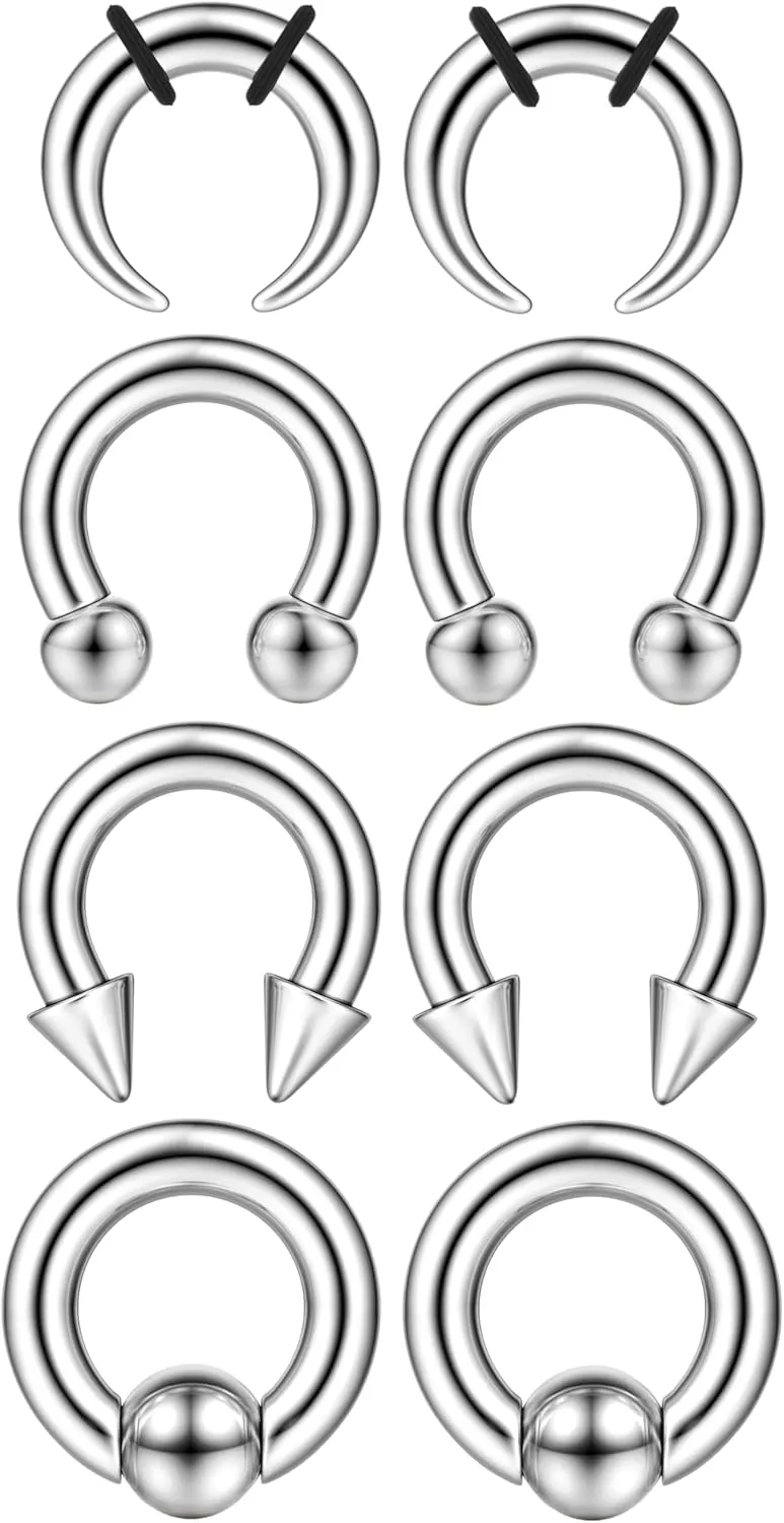 YADOCA Surgical Steel Septum Kit - 2G to 14G Septum Rings, Pincher, Tapers & Gauge, Nose Piercing Jewelry - Silver & Black Tone