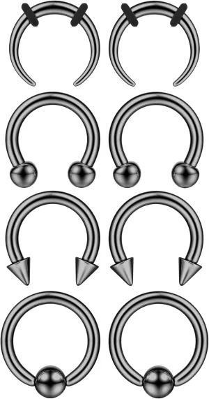 YADOCA Surgical Steel Septum Kit - 2G to 14G Septum Rings, Pincher, Tapers & Gauge, Nose Piercing Jewelry - Silver & Black Tone