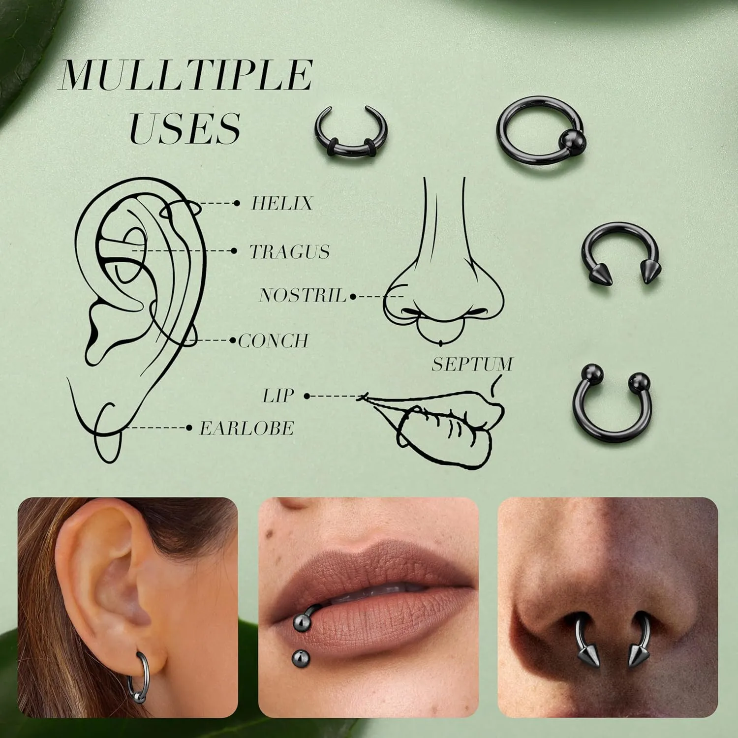 YADOCA Surgical Steel Septum Kit - 2G to 14G Septum Rings, Pincher, Tapers & Gauge, Nose Piercing Jewelry - Silver & Black Tone