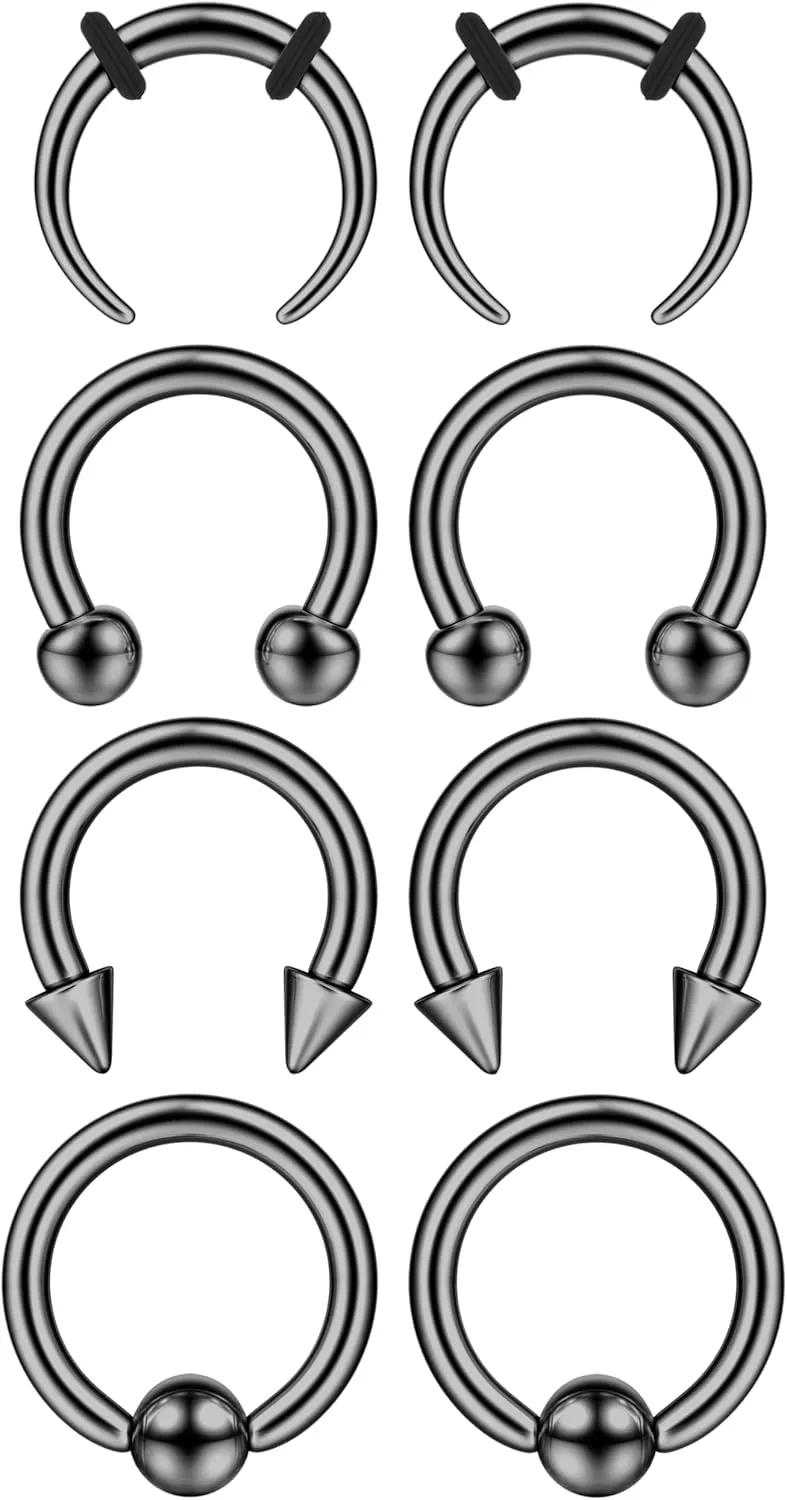 YADOCA Surgical Steel Septum Kit - 2G to 14G Septum Rings, Pincher, Tapers & Gauge, Nose Piercing Jewelry - Silver & Black Tone
