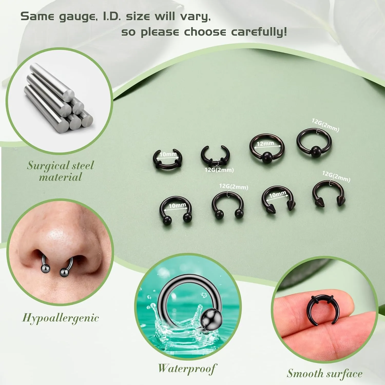 YADOCA Surgical Steel Septum Kit - 2G to 14G Septum Rings, Pincher, Tapers & Gauge, Nose Piercing Jewelry - Silver & Black Tone