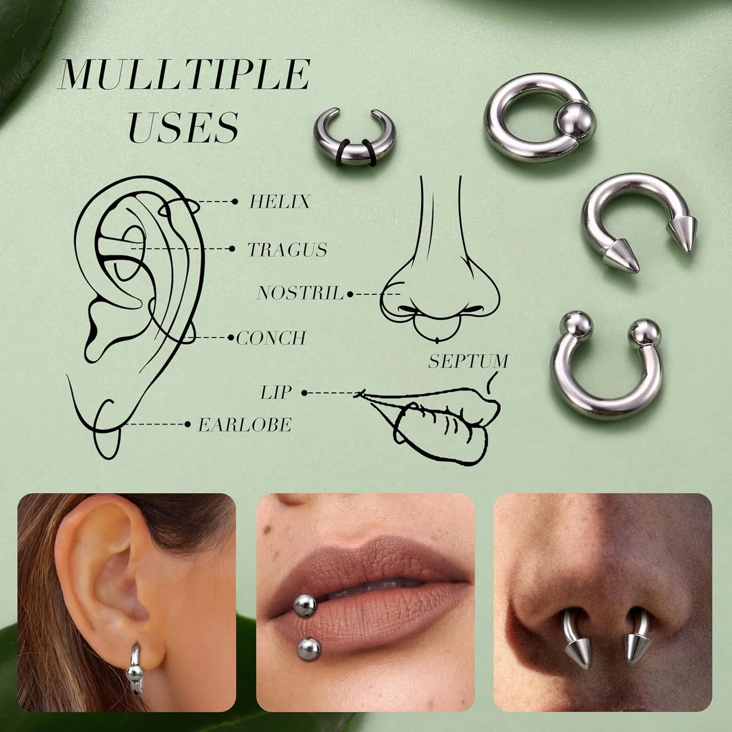 YADOCA Surgical Steel Septum Kit - 2G to 14G Septum Rings, Pincher, Tapers & Gauge, Nose Piercing Jewelry - Silver & Black Tone