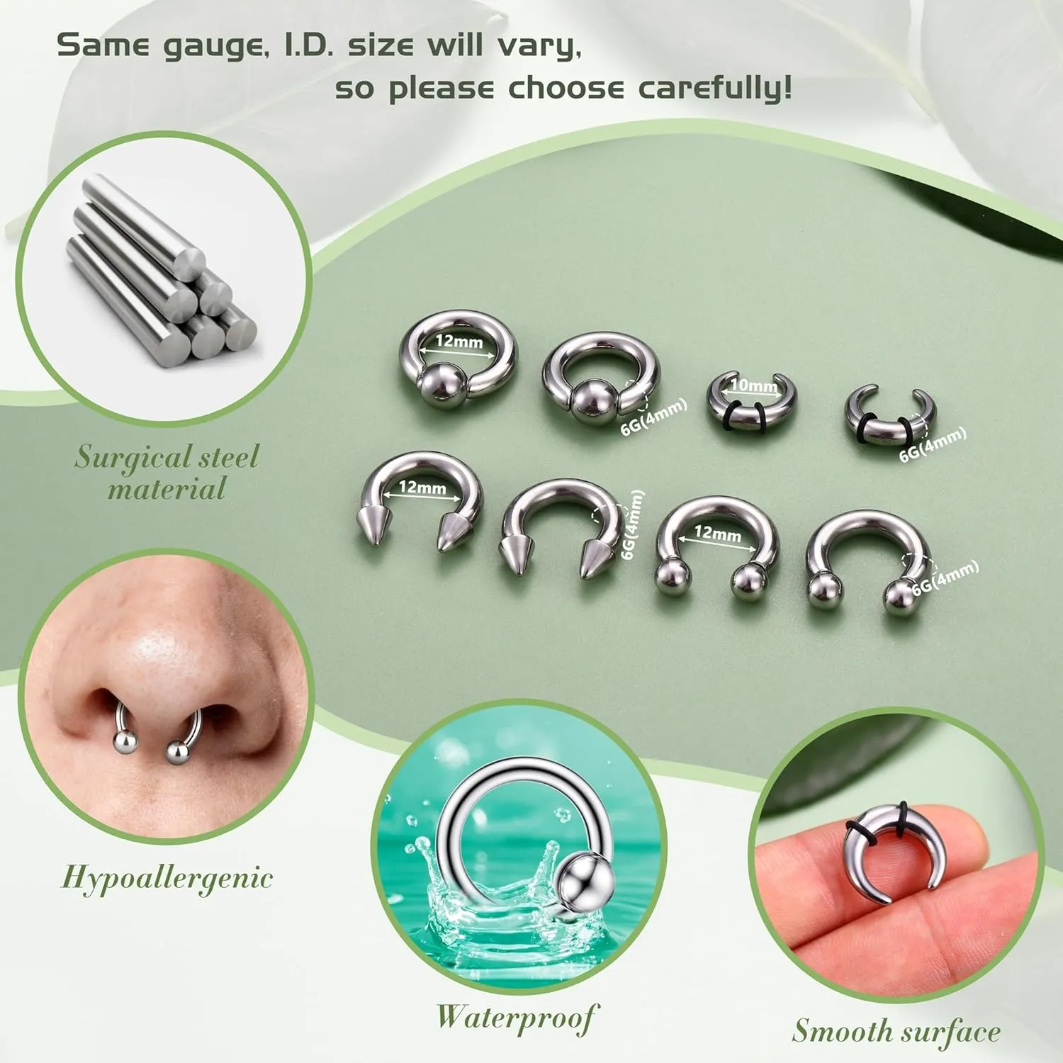 YADOCA Surgical Steel Septum Kit - 2G to 14G Septum Rings, Pincher, Tapers & Gauge, Nose Piercing Jewelry - Silver & Black Tone