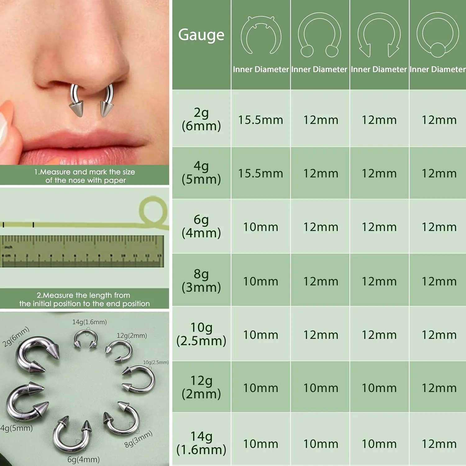 YADOCA Surgical Steel Septum Kit - 2G to 14G Septum Rings, Pincher, Tapers & Gauge, Nose Piercing Jewelry - Silver & Black Tone