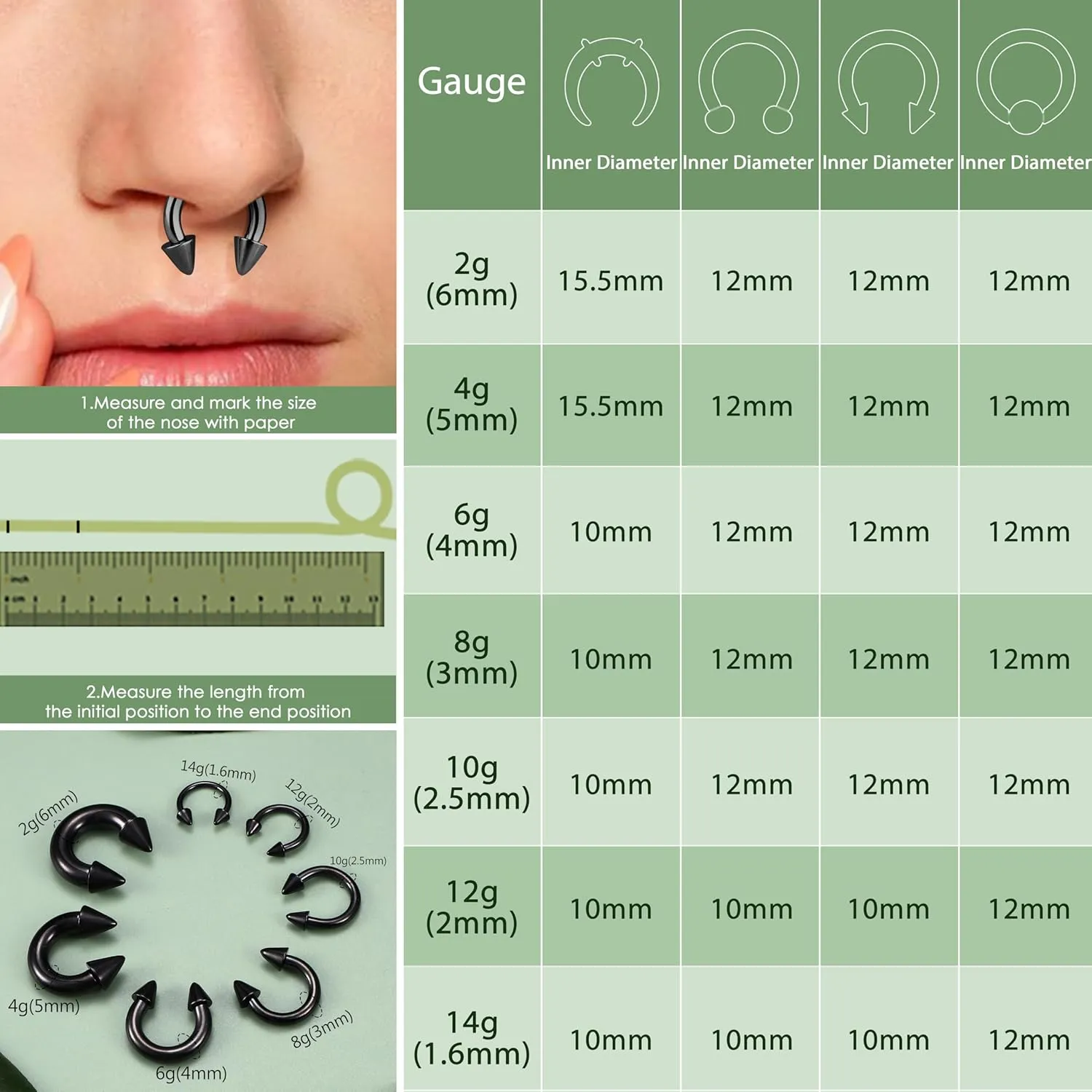 YADOCA Surgical Steel Septum Kit - 2G to 14G Septum Rings, Pincher, Tapers & Gauge, Nose Piercing Jewelry - Silver & Black Tone