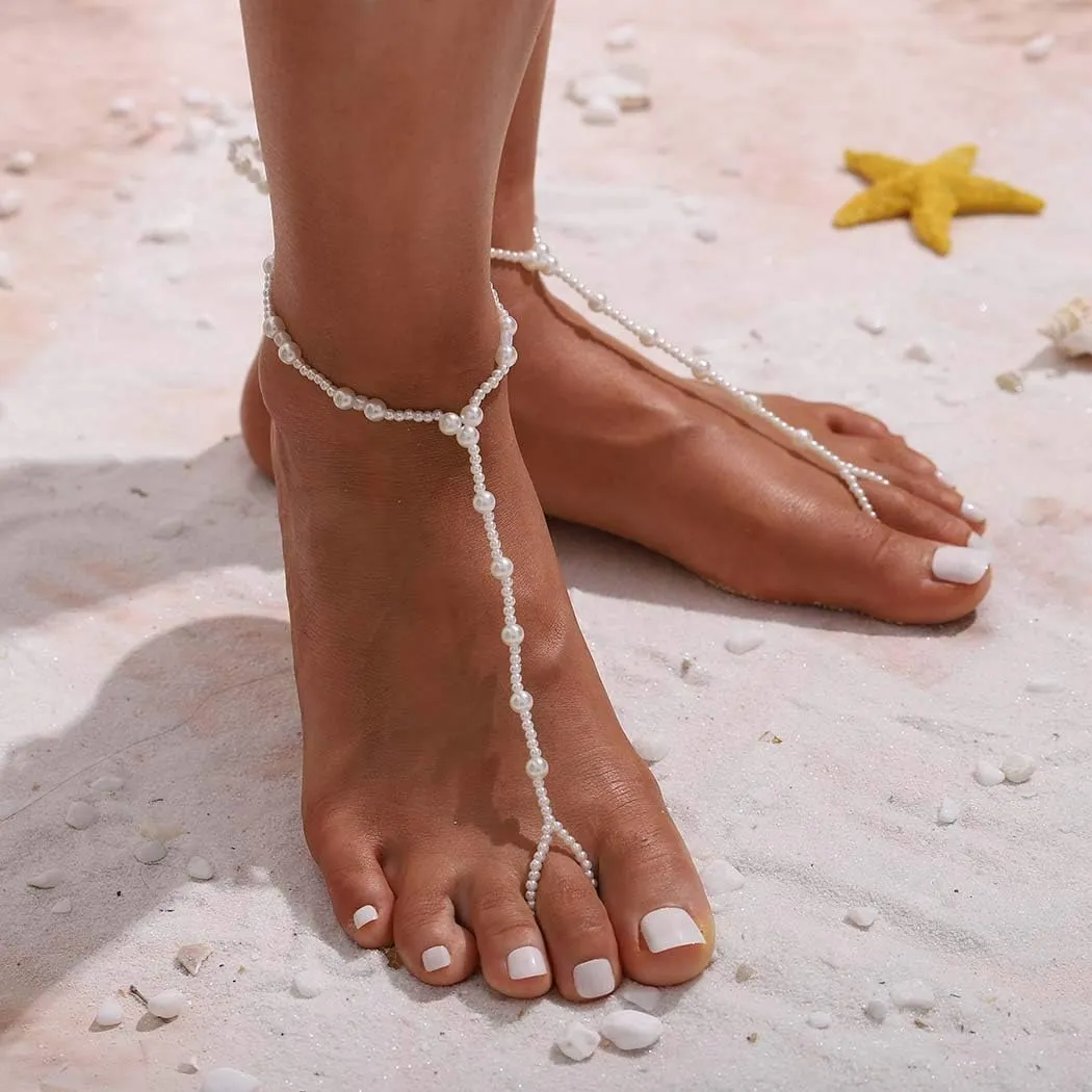 Yalice 2Pcs Pearl Barefoot Sandals Anklet Beach Foot Chain Toe Wedding Ankle Bracelet Jewelry for Women