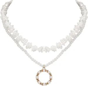 YAZILIND Personality Alloy Ring Shape Pendant Necklace Simple Double Layers Imitation Pearl Clavicle Chain Choker Necklaces Jewelry