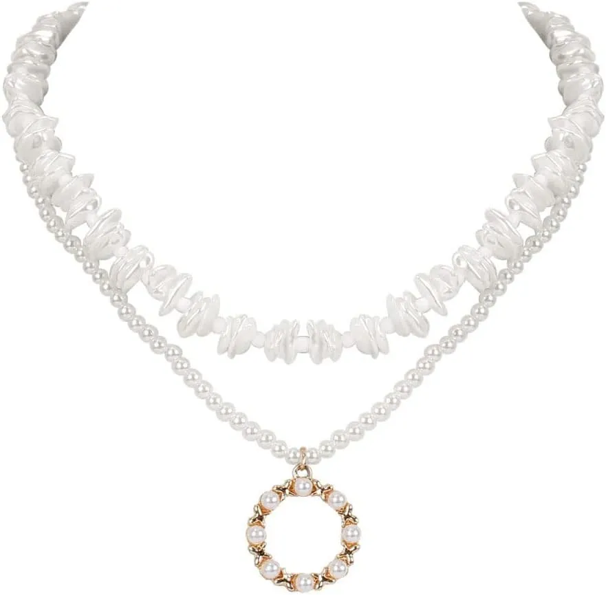 YAZILIND Personality Alloy Ring Shape Pendant Necklace Simple Double Layers Imitation Pearl Clavicle Chain Choker Necklaces Jewelry
