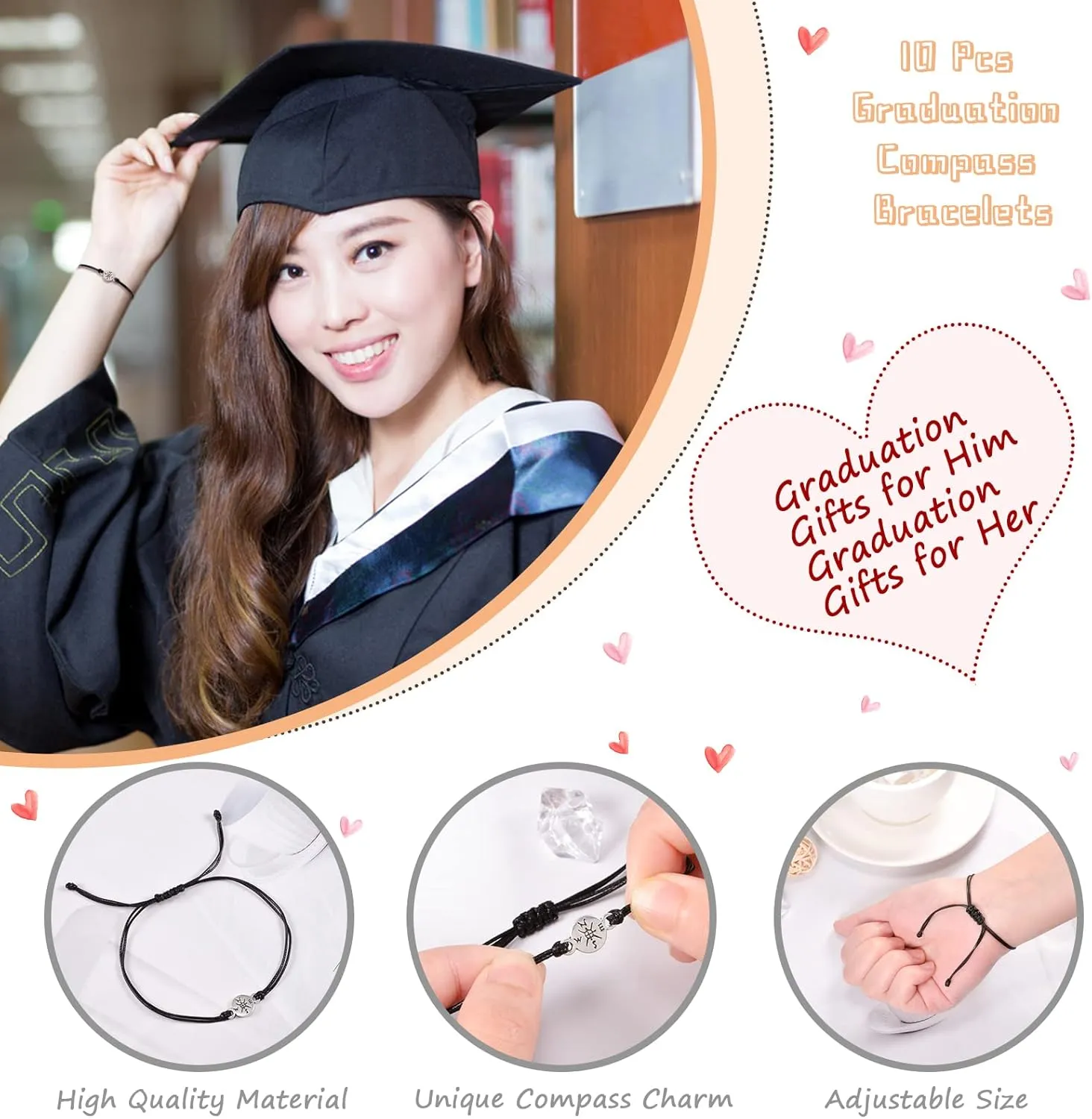 YELUWA 10 Pcs Graduation Gifts for Her/Him, 2025 University Master Doctor High School Graduation Bracelets Adjustable Give You Direction Compass Bracelet for Classmates College Friend Son Daughter