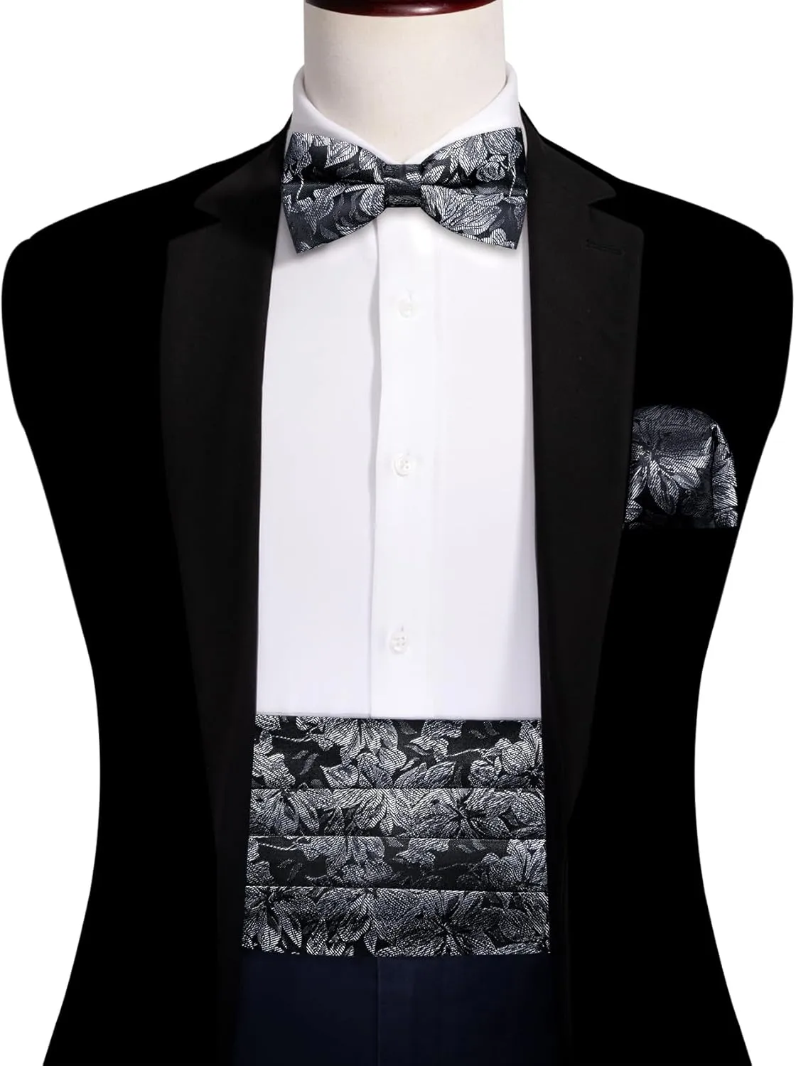 YOHOWA Men Cummerbund Bow Tie Set Silk Paisley Formal Pre-Tied Bowtie Pocket Square Cufflinks Wedding Party Prom