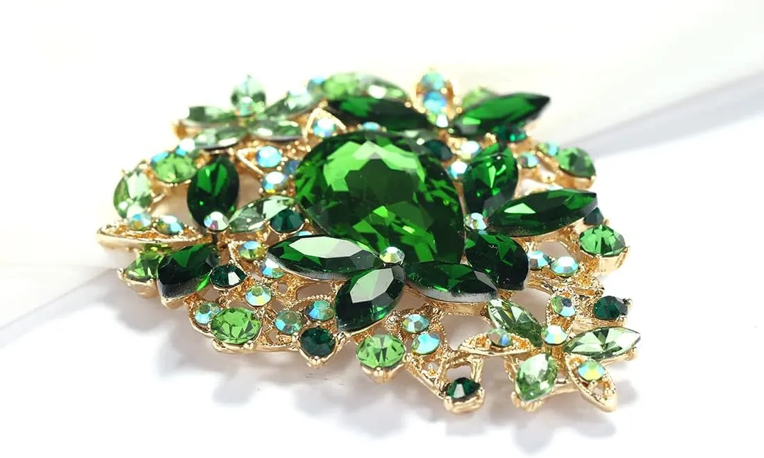 YOQUCOL Vintage Austrian Crystal Rhinestone Leaf Shape Big Large Brooch Pin for Women Gold Tone
