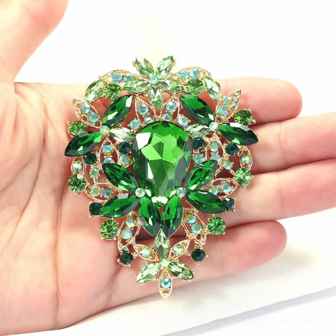 YOQUCOL Vintage Austrian Crystal Rhinestone Leaf Shape Big Large Brooch Pin for Women Gold Tone