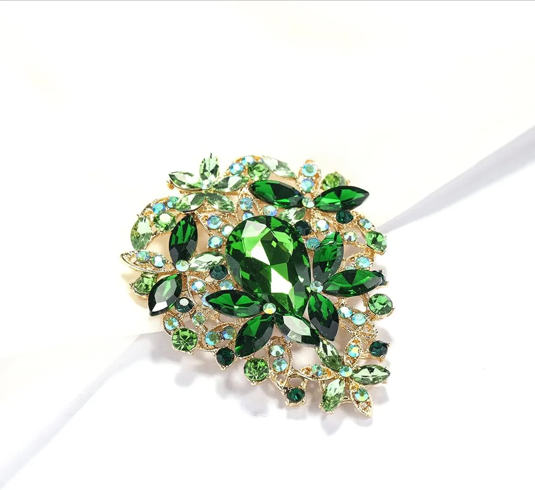 YOQUCOL Vintage Austrian Crystal Rhinestone Leaf Shape Big Large Brooch Pin for Women Gold Tone