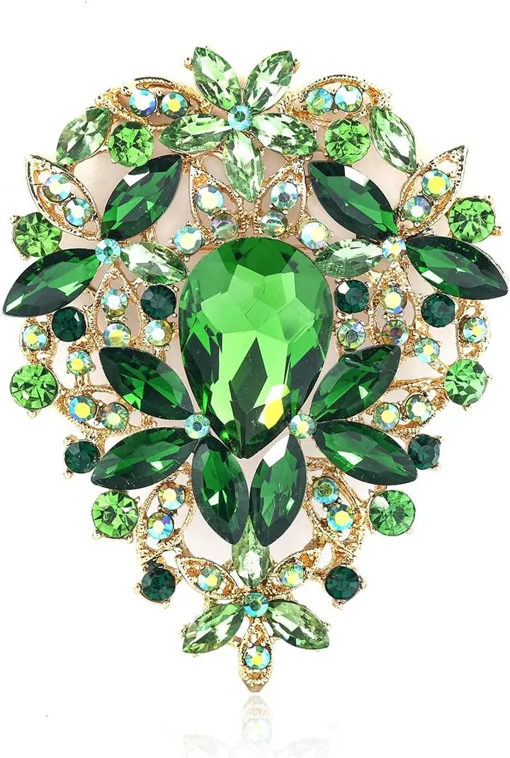 YOQUCOL Vintage Austrian Crystal Rhinestone Leaf Shape Big Large Brooch Pin for Women Gold Tone