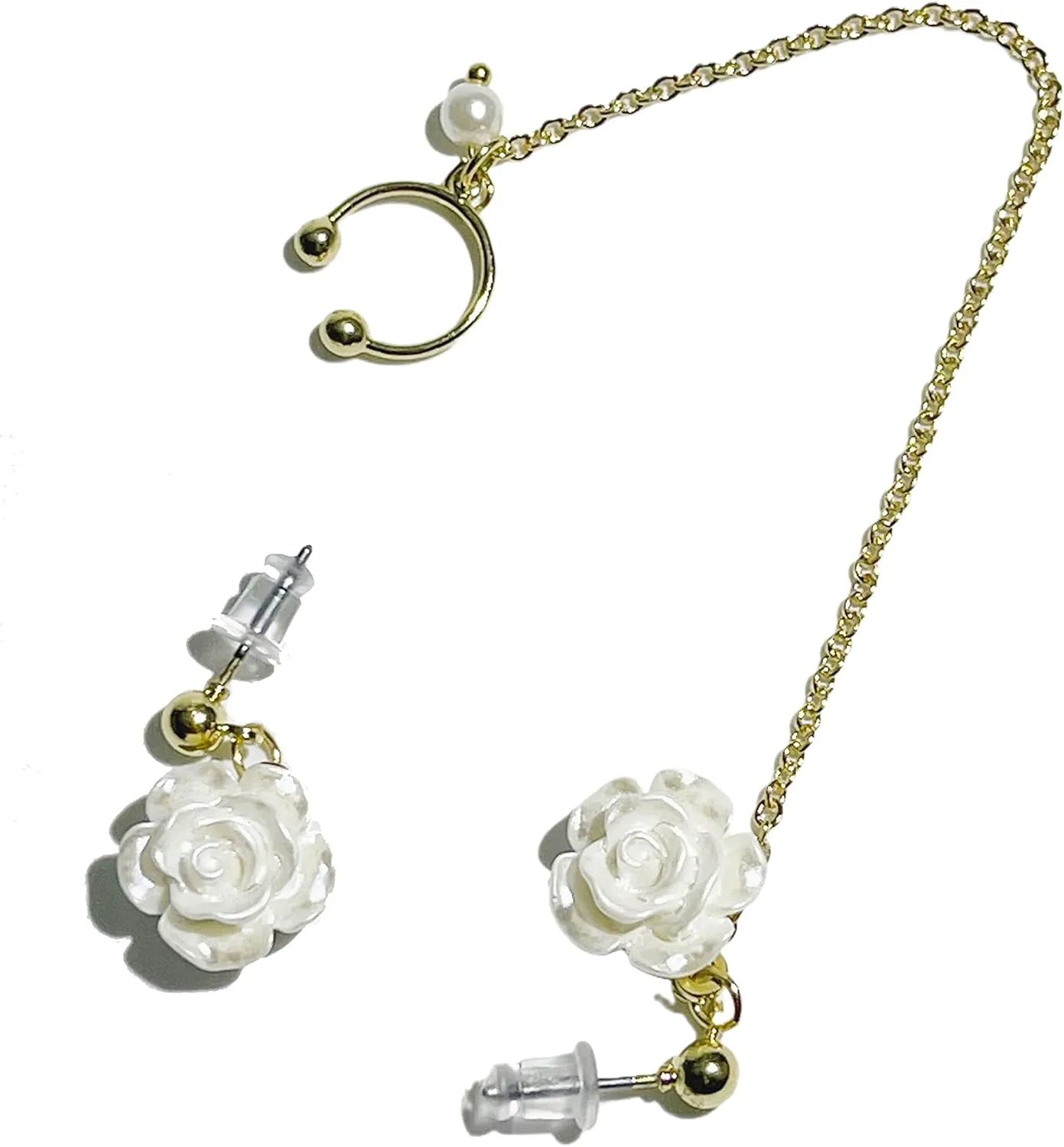 YOU&M White Rose Flower Ear Cuff Earrings Ear Clip-on Cartilage Wrap Around Stud Earring Adjustable for Womens Wedding