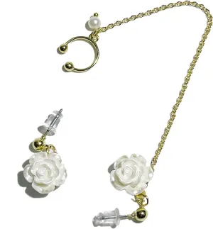 YOU&M White Rose Flower Ear Cuff Earrings Ear Clip-on Cartilage Wrap Around Stud Earring Adjustable for Womens Wedding