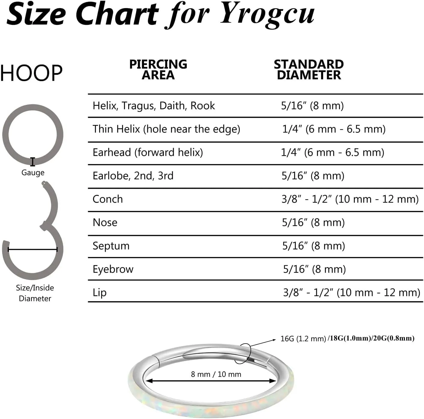 Yrogcu Nose Ring Lip Rings Septum-Clicker:8G 10G 12G14G 16G 18G 20G Dia.6mm 8mm 10mm 12mm 14mm 16mm Hinged Nose Piercing Hoop Ring Sleeper Earring Helix Rook Conch Cartilage Daith Tragus Earrings Nose Piercing Jewelry