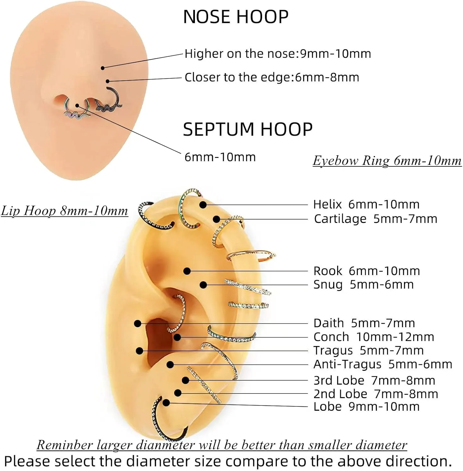 Yrogcu Nose Ring Lip Rings Septum-Clicker:8G 10G 12G14G 16G 18G 20G Dia.6mm 8mm 10mm 12mm 14mm 16mm Hinged Nose Piercing Hoop Ring Sleeper Earring Helix Rook Conch Cartilage Daith Tragus Earrings Nose Piercing Jewelry