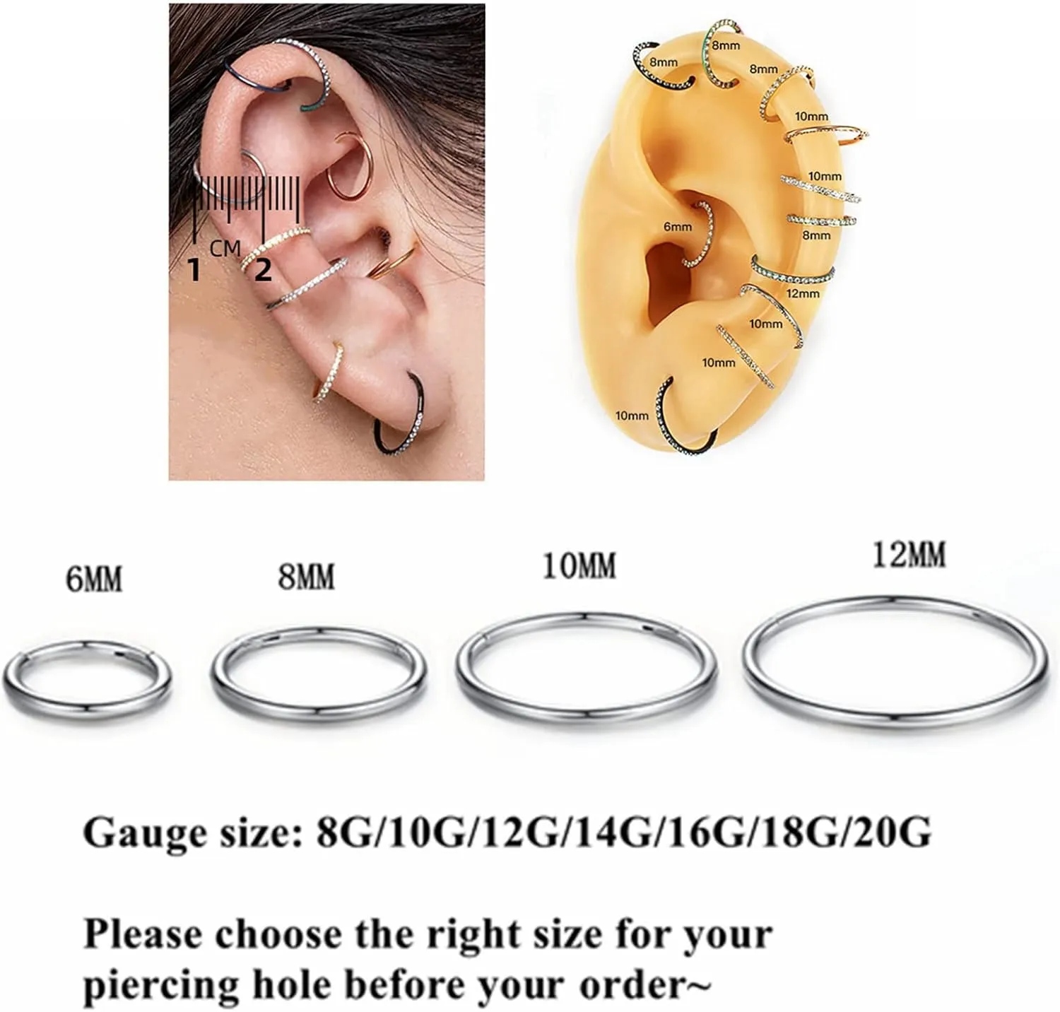 Yrogcu Nose Ring Lip Rings Septum-Clicker:8G 10G 12G14G 16G 18G 20G Dia.6mm 8mm 10mm 12mm 14mm 16mm Hinged Nose Piercing Hoop Ring Sleeper Earring Helix Rook Conch Cartilage Daith Tragus Earrings Nose Piercing Jewelry