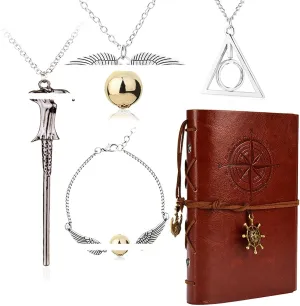 Zaky HP. Magic Triangle Pendant Necklace Friendship Bracelets Wands Necklace Cosplay Costume Jewelry Vintage Magic Leather Writing Journal Notebook with Cartoon Character Stickers 15 pcs
