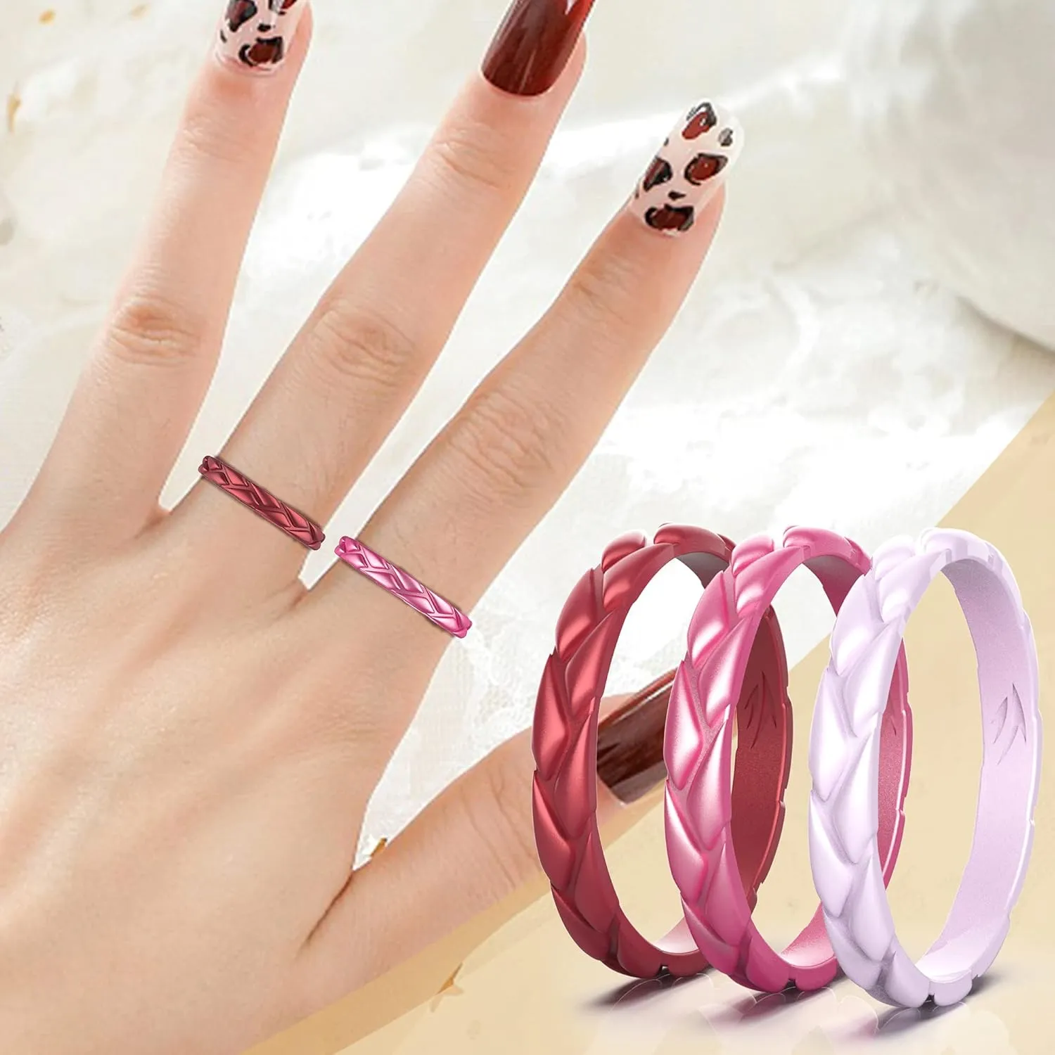 Zollen 10 Packs Wheat Shape Silicone Wedding Rings for Women, Metallic Rubber Wedding Bands Stackable Ring