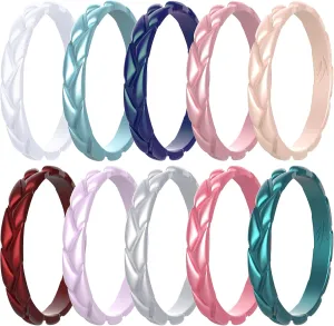Zollen 10 Packs Wheat Shape Silicone Wedding Rings for Women, Metallic Rubber Wedding Bands Stackable Ring