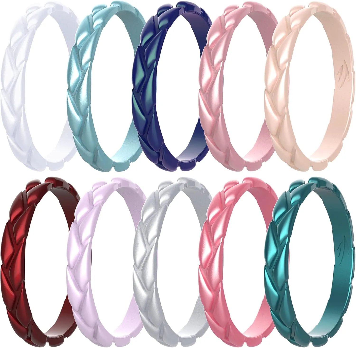 Zollen 10 Packs Wheat Shape Silicone Wedding Rings for Women, Metallic Rubber Wedding Bands Stackable Ring