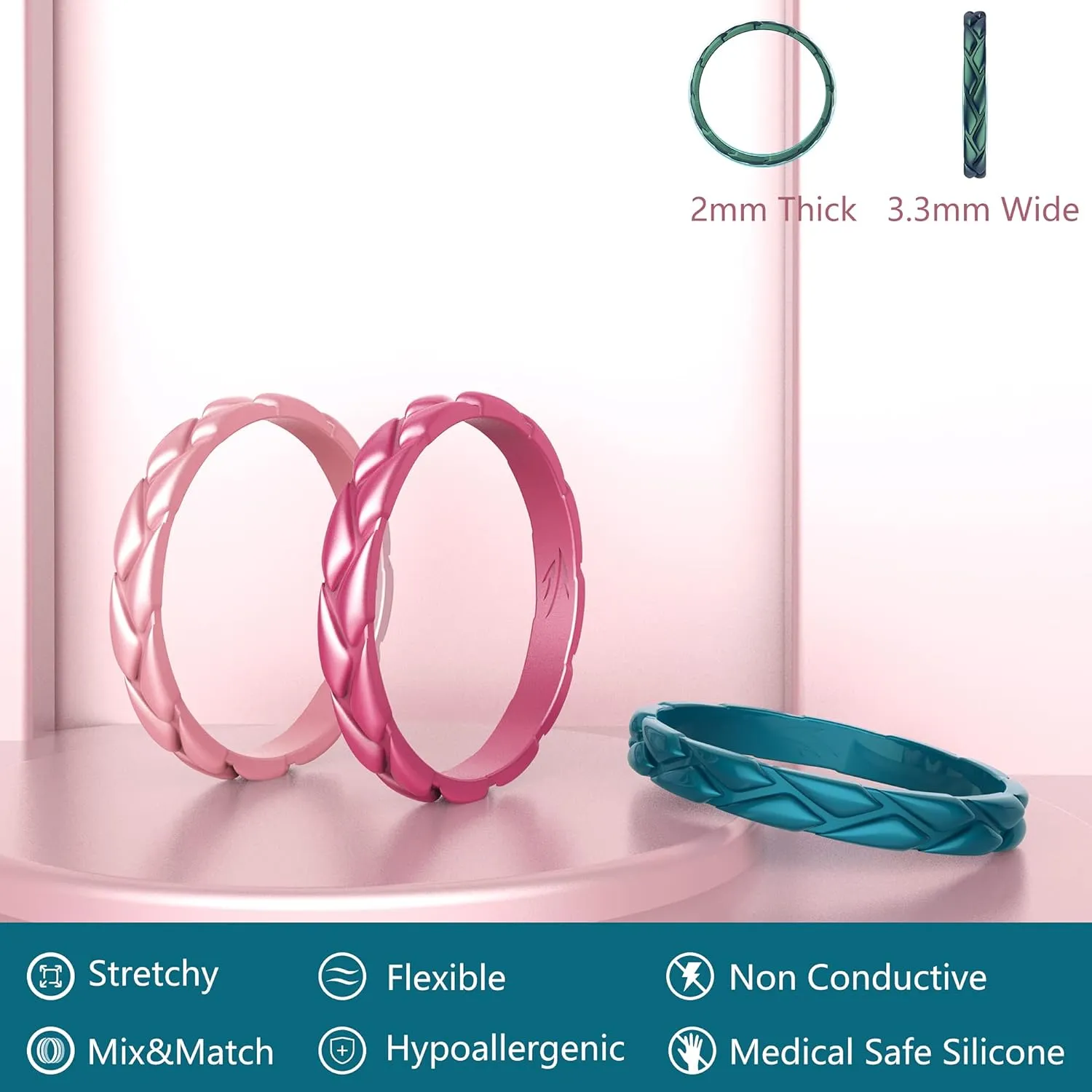 Zollen 10 Packs Wheat Shape Silicone Wedding Rings for Women, Metallic Rubber Wedding Bands Stackable Ring