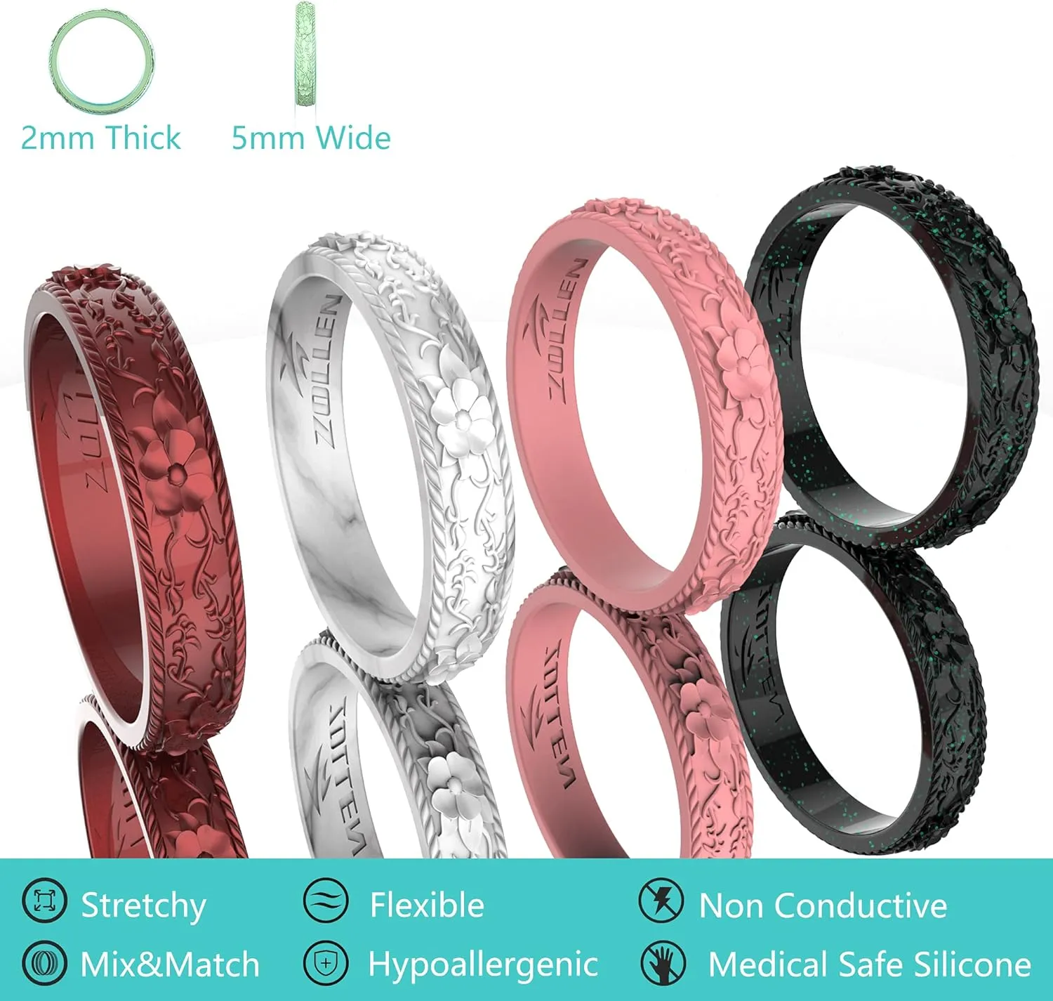 Zollen Silicone Wedding Rings for Women 1/4/7 Packs -Stackable Silicone Rubber Wedding Bands - Innovative Flower & Vine Collection