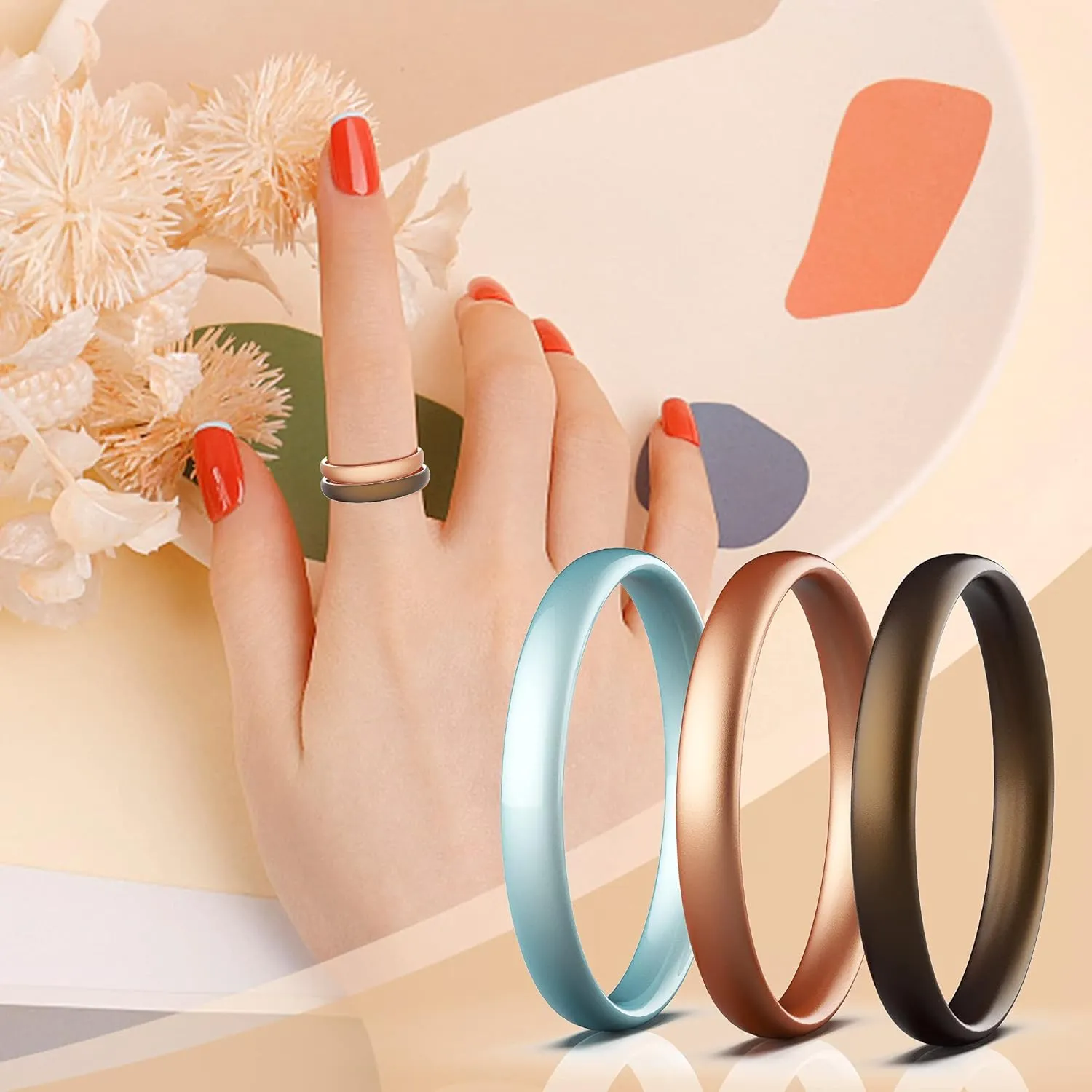 Zollen Silicone Wedding Rings for Women, 3mm Metallic Color Thin Rubber Wedding Bands Stackable Ring, Hypoallergenic Silicone