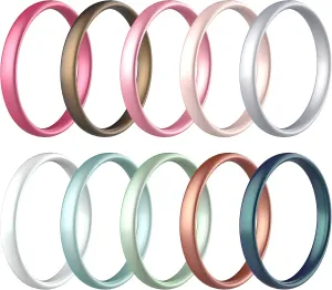 Zollen Silicone Wedding Rings for Women, 3mm Metallic Color Thin Rubber Wedding Bands Stackable Ring, Hypoallergenic Silicone