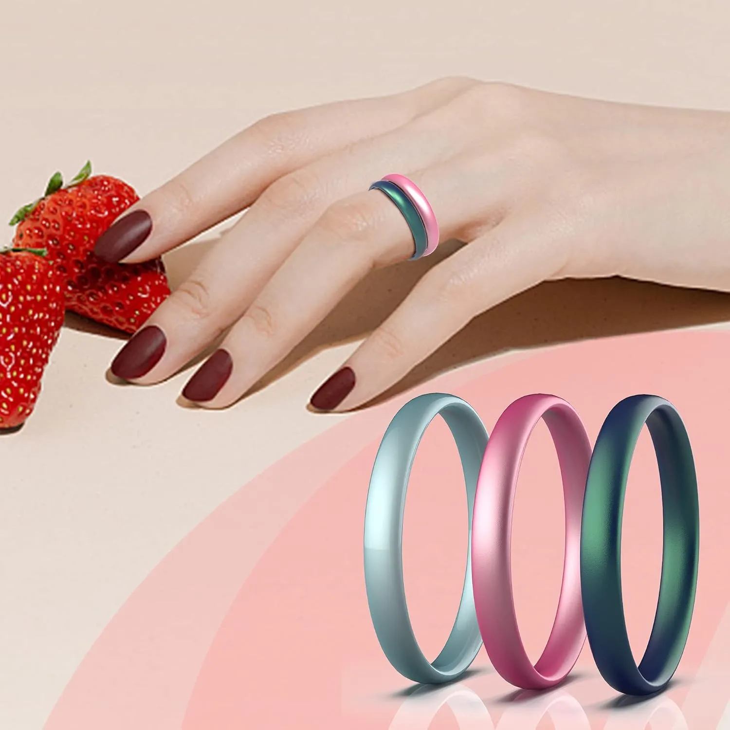 Zollen Silicone Wedding Rings for Women, 3mm Metallic Color Thin Rubber Wedding Bands Stackable Ring, Hypoallergenic Silicone