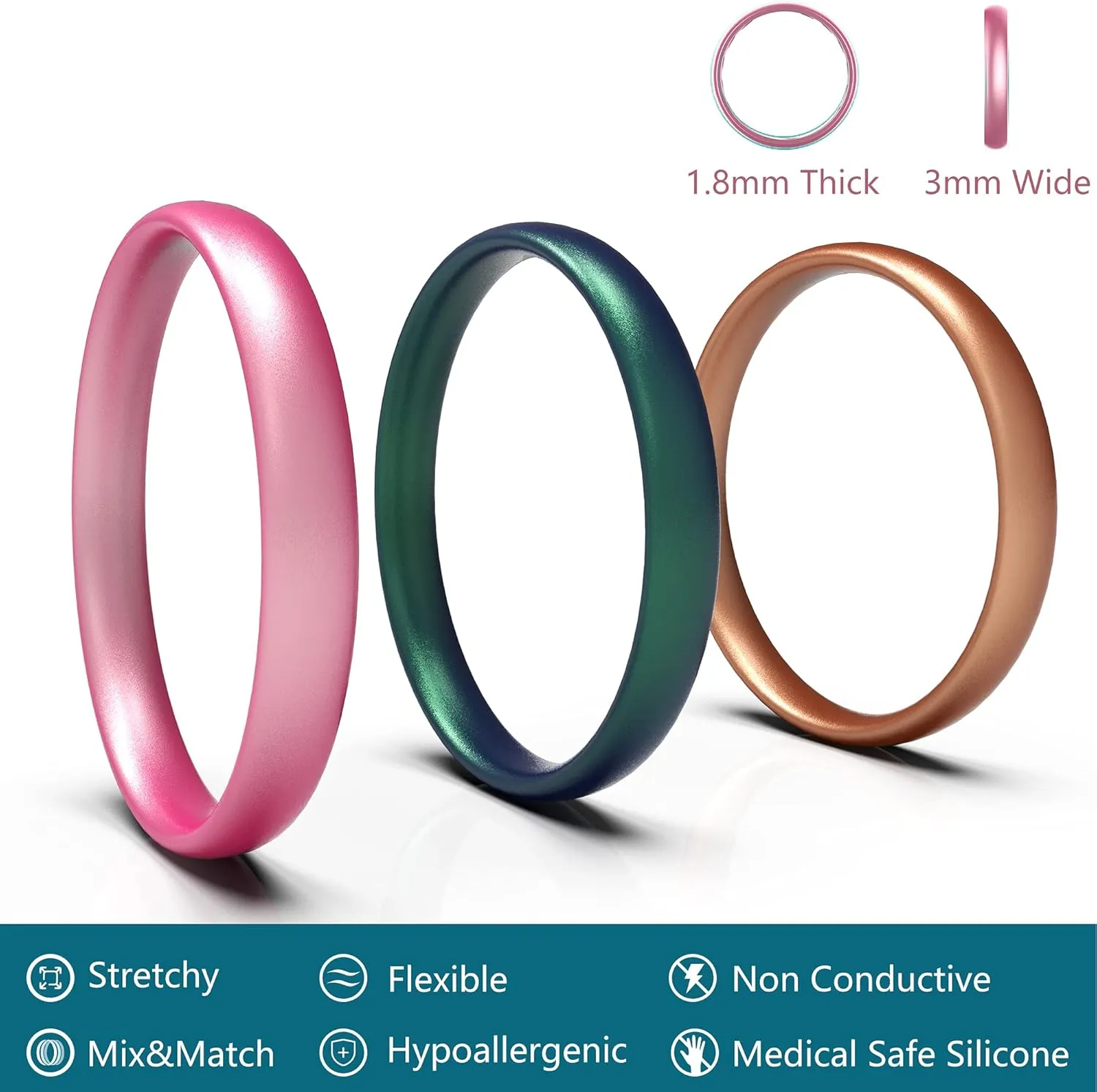 Zollen Silicone Wedding Rings for Women, 3mm Metallic Color Thin Rubber Wedding Bands Stackable Ring, Hypoallergenic Silicone