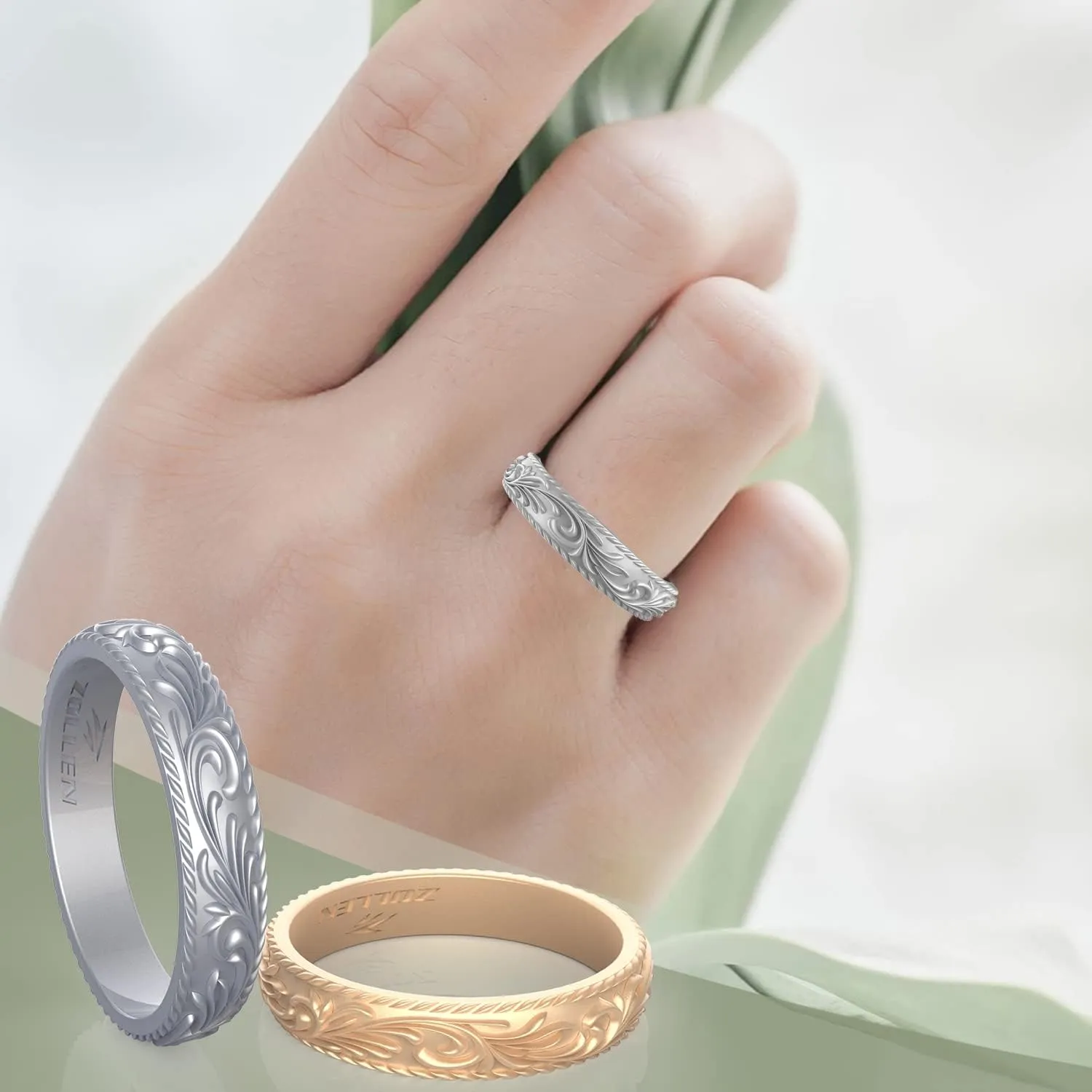 Zollen Silicone Wedding Rings for Women 4/7 Packs -Metallic Stackable Silicone Rubber Wedding Bands -Innovative Vine Collection
