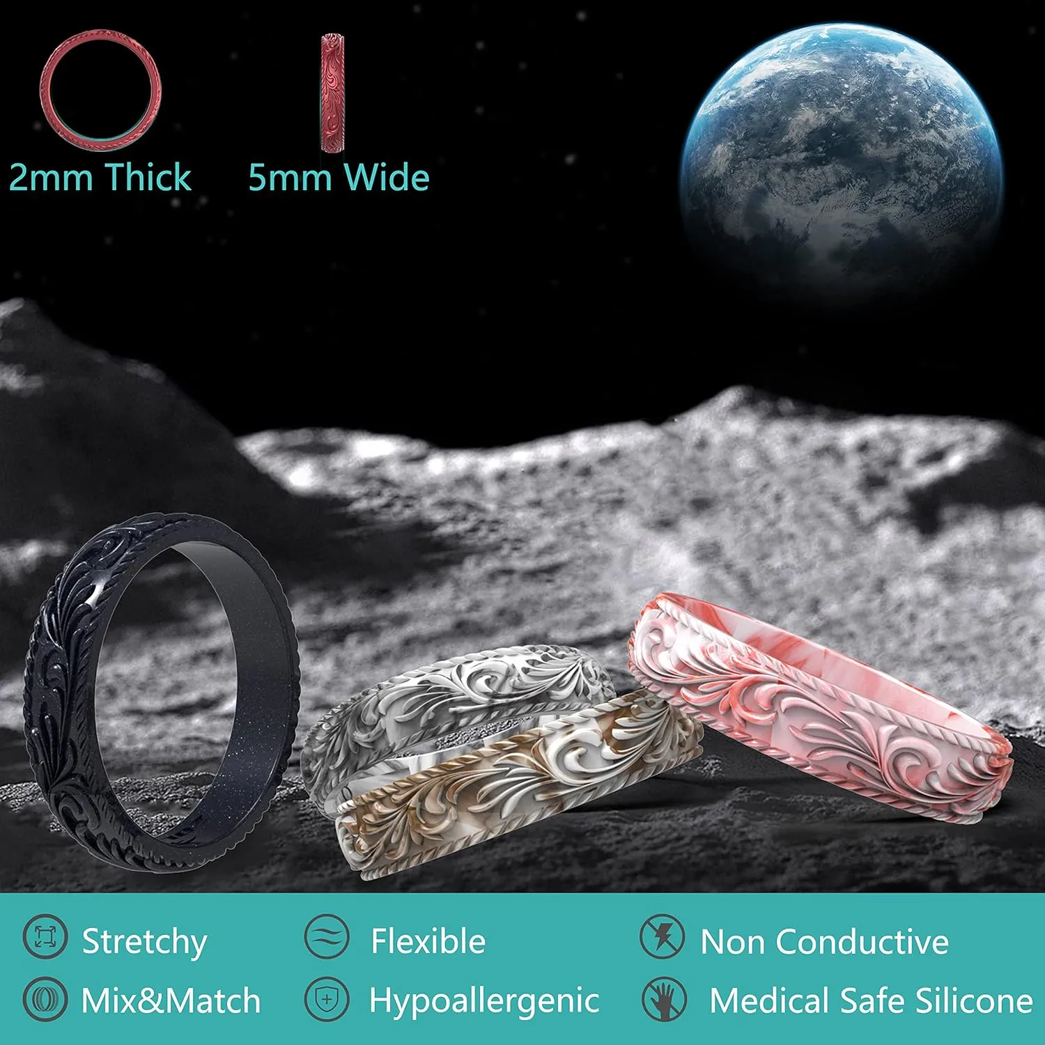 Zollen Silicone Wedding Rings for Women 4/7 Packs -Metallic Stackable Silicone Rubber Wedding Bands -Innovative Vine Collection