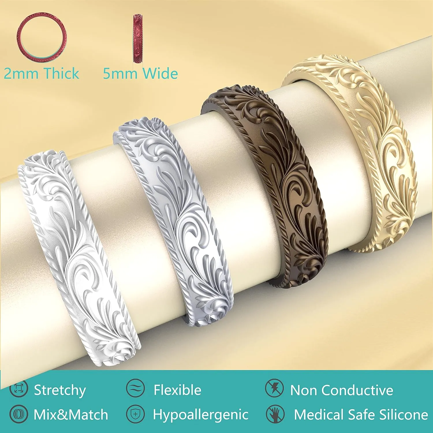Zollen Silicone Wedding Rings for Women 4/7 Packs -Metallic Stackable Silicone Rubber Wedding Bands -Innovative Vine Collection