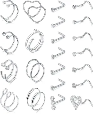 Zolure 18g 20g 22g Nose Rings Nose Studs Surgical Stainless Steel Screw L Shaped Pin Bone Nose Nostrial Piercing Jewerly for Women Men