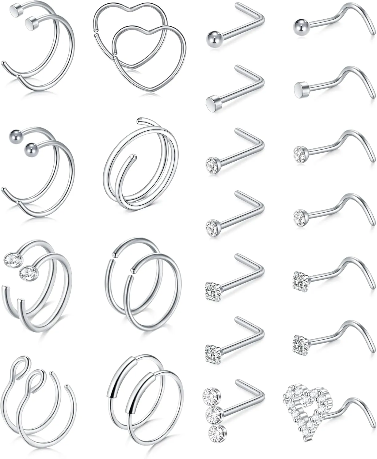 Zolure 18g 20g 22g Nose Rings Nose Studs Surgical Stainless Steel Screw L Shaped Pin Bone Nose Nostrial Piercing Jewerly for Women Men