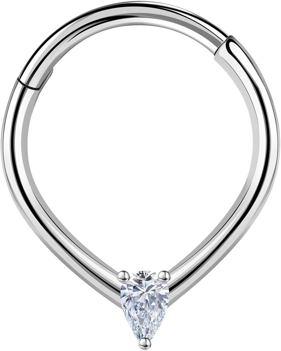 ZS 1 Piece Cubic Zircon Septum Rings Nose Ring, 16G Stainless Steel Nose Piercing Nose Jewelry Hinged Segment Ring Cartilage Earring Hoop Water Drop Daith Ear Piercing for Women Men