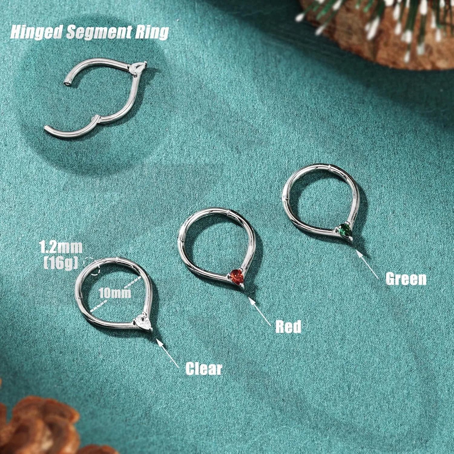 ZS 1 Piece Cubic Zircon Septum Rings Nose Ring, 16G Stainless Steel Nose Piercing Nose Jewelry Hinged Segment Ring Cartilage Earring Hoop Water Drop Daith Ear Piercing for Women Men