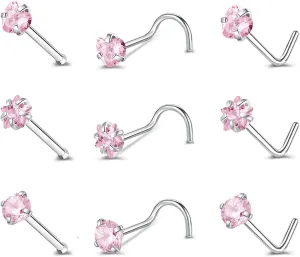 ZS 9-12PCS 20g Surgical Stainless Steel Nose Stud Ring Piercing Nose Bone/L Shaped/Nose Screws Rings Set