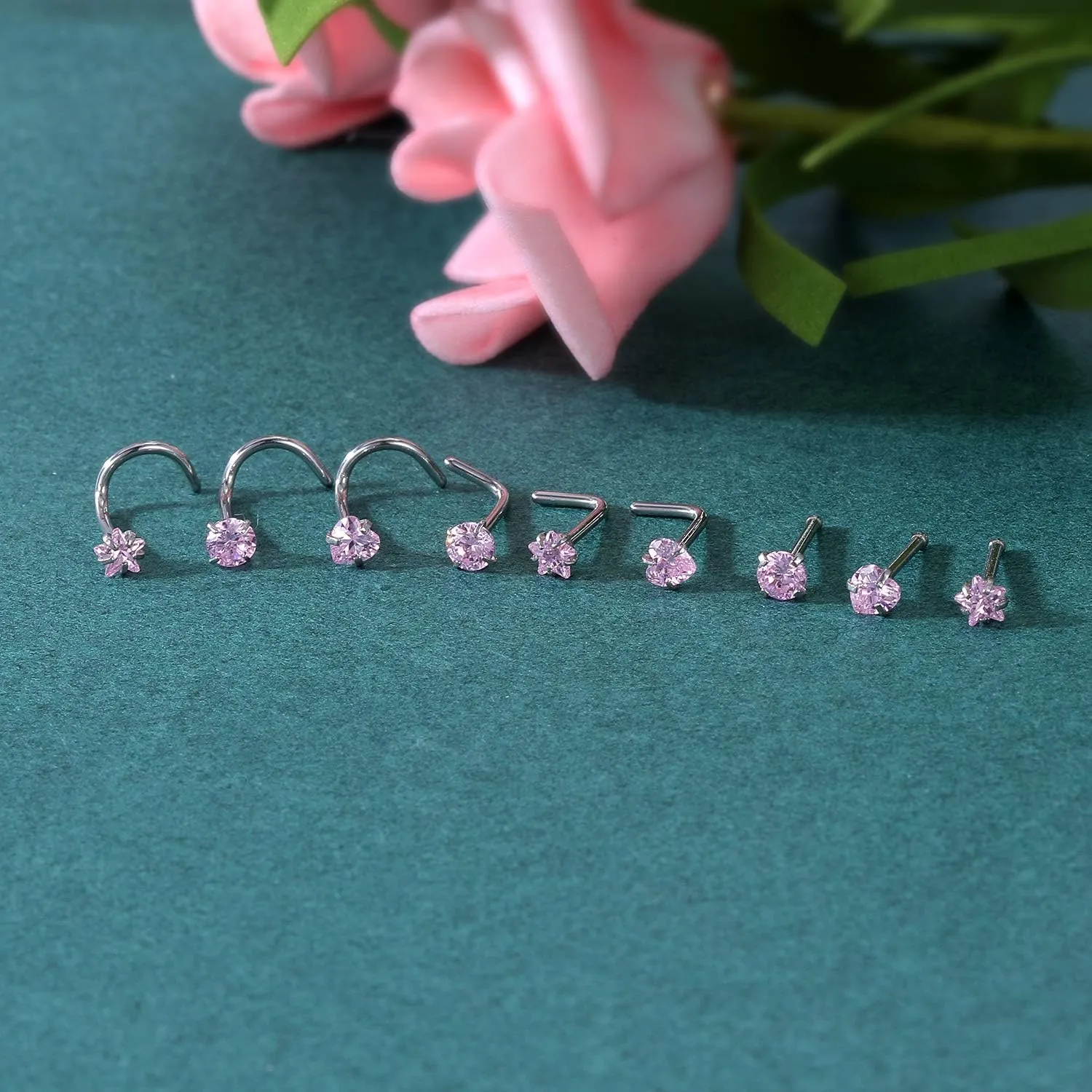 ZS 9-12PCS 20g Surgical Stainless Steel Nose Stud Ring Piercing Nose Bone/L Shaped/Nose Screws Rings Set