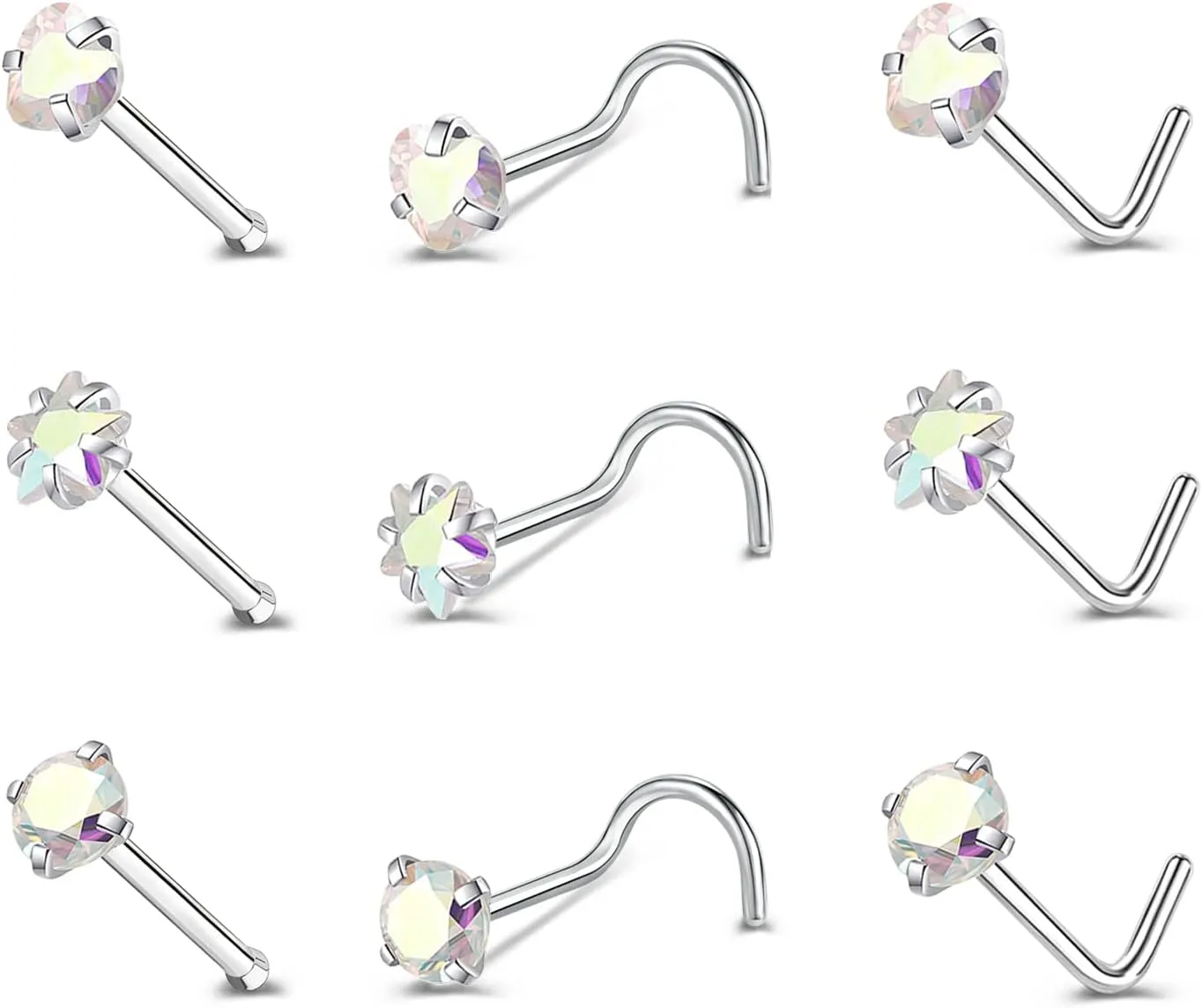 ZS 9-12PCS 20g Surgical Stainless Steel Nose Stud Ring Piercing Nose Bone/L Shaped/Nose Screws Rings Set