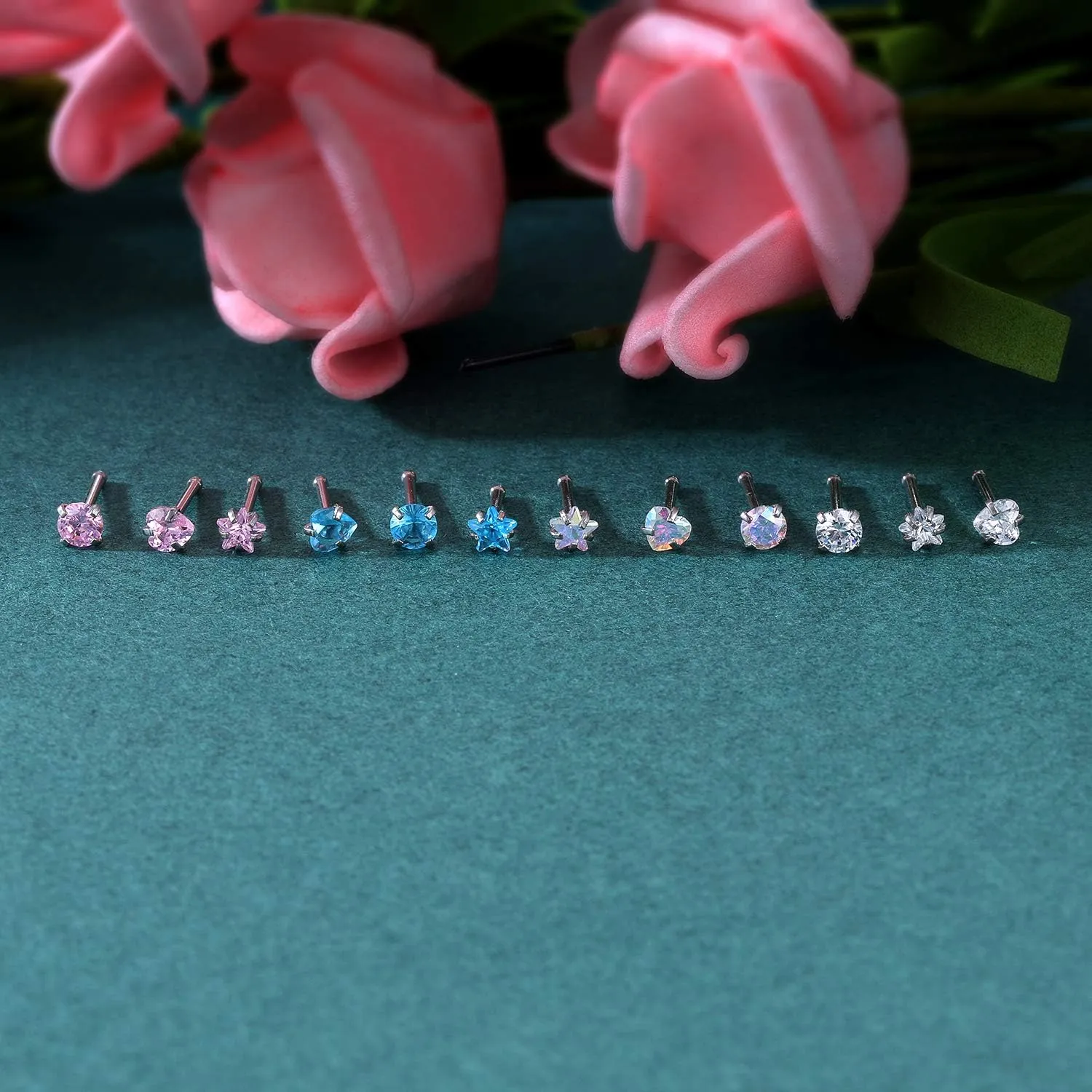 ZS 9-12PCS 20g Surgical Stainless Steel Nose Stud Ring Piercing Nose Bone/L Shaped/Nose Screws Rings Set