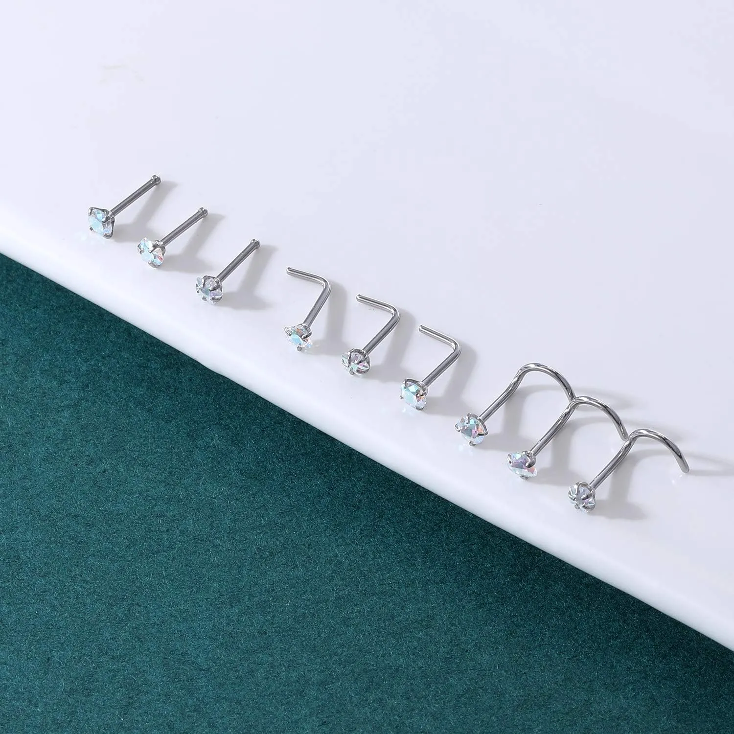 ZS 9-12PCS 20g Surgical Stainless Steel Nose Stud Ring Piercing Nose Bone/L Shaped/Nose Screws Rings Set