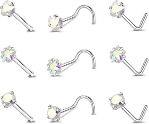 ZS 9-12PCS 20g Surgical Stainless Steel Nose Stud Ring Piercing Nose Bone/L Shaped/Nose Screws Rings Set