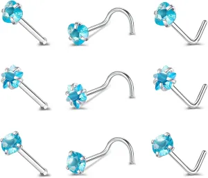 ZS 9-12PCS 20g Surgical Stainless Steel Nose Stud Ring Piercing Nose Bone/L Shaped/Nose Screws Rings Set